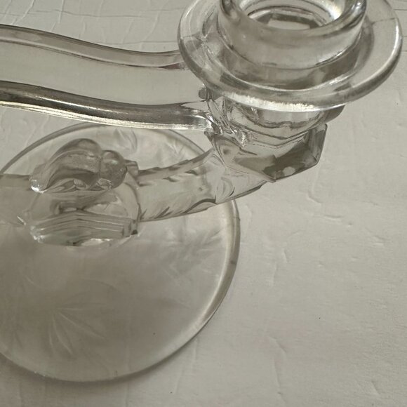 Mid Century Candle holder Crystal candle holder clear glass with Etched flower d - Picture 3 of 6